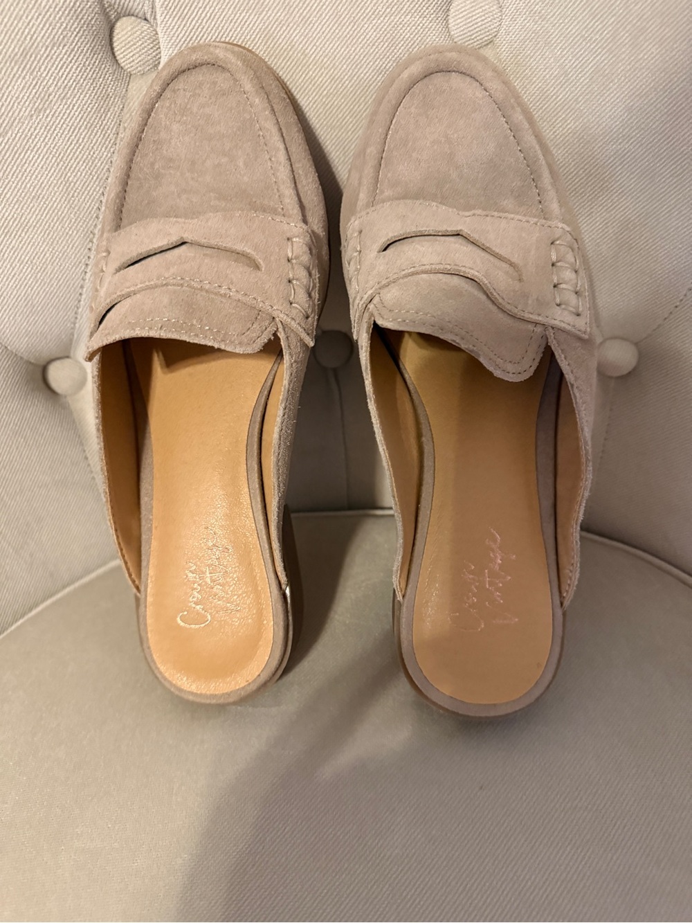 Crown Vintage Suede Penny Loafer Mules in Light Taupe